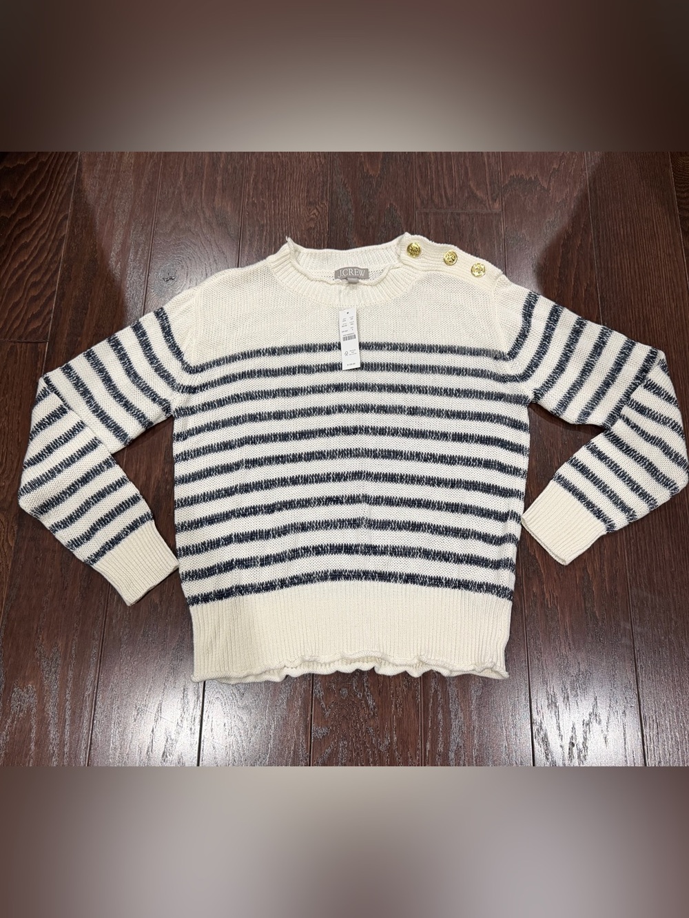 J.Crew Women Stripe Sweater Small Linen Blend Navy WhiteGold Button Nautical NEW - Picture 2 of 10